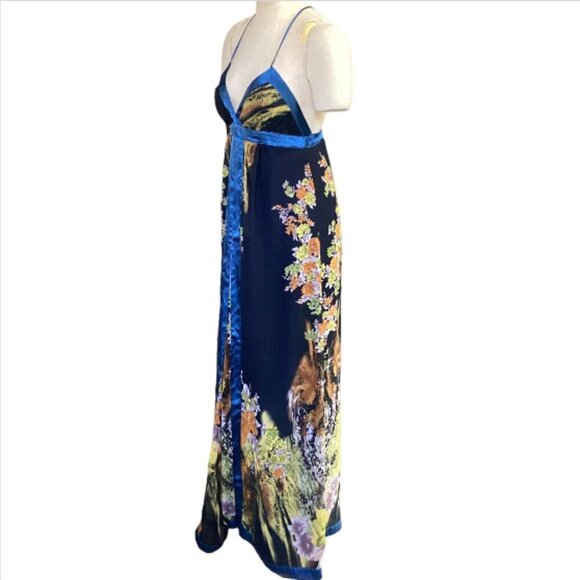 Double Zero Floral Chiffon Maxi Dress Satin Trim Sz M Straps Tie in Back #236G - Picture 4 of 8